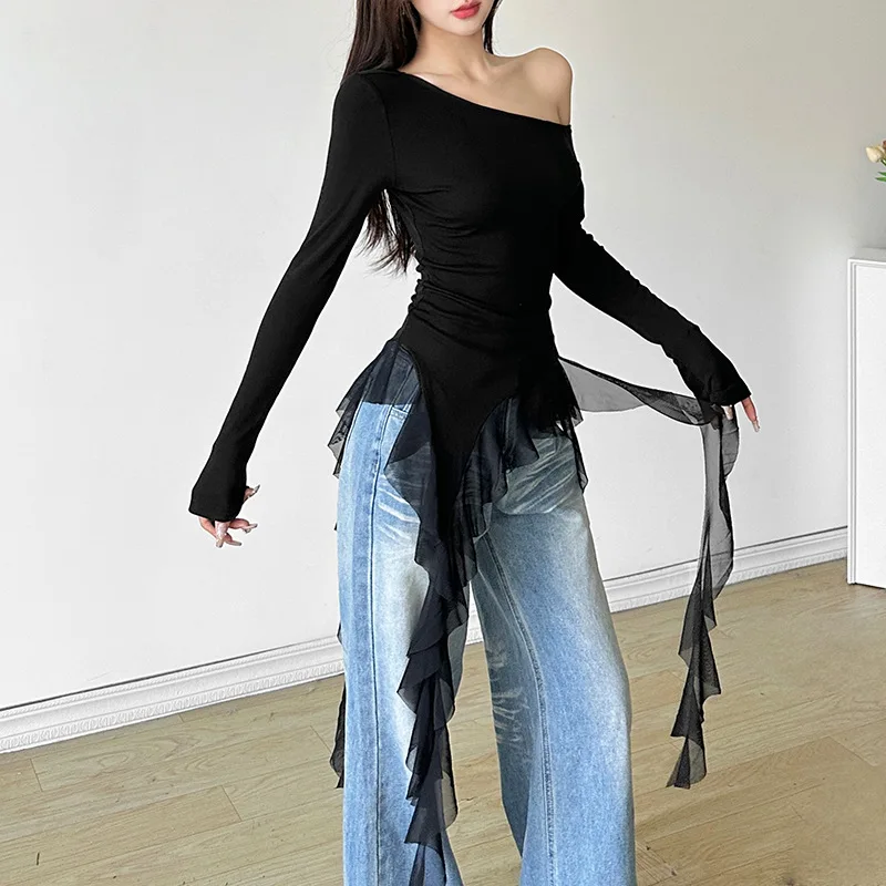 Y2k Aesthetic Irregular Hem Black Long Sleeve Top