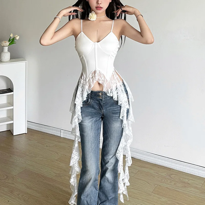 Y2k Aesthetic Irregular Lace Ruffled Tank Top