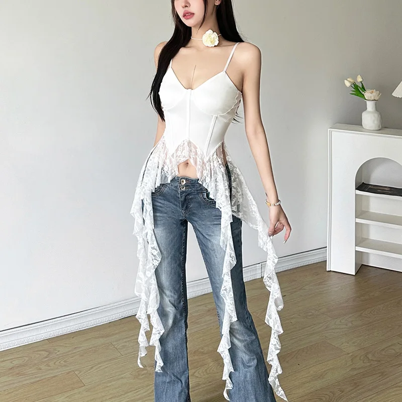 Y2k Aesthetic Irregular Lace Ruffled Tank Top