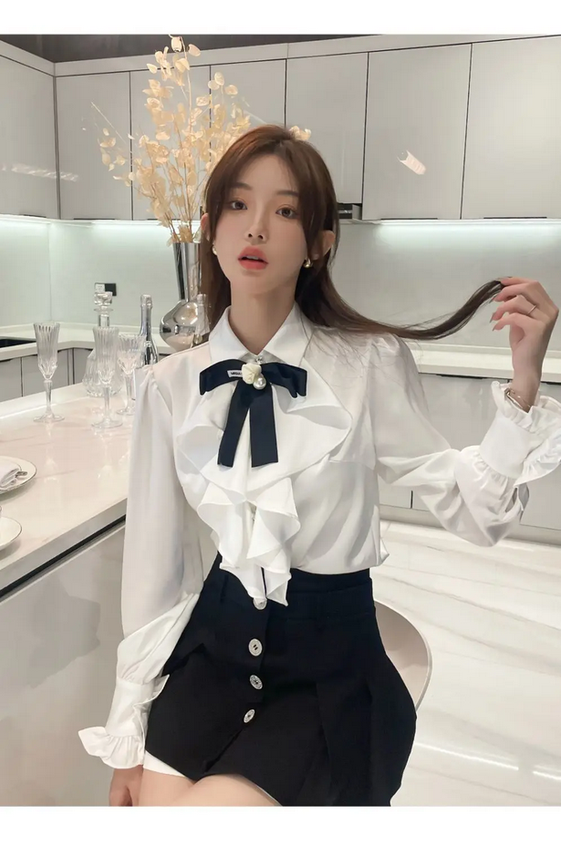 Chic White Lace Ruffles Blouse