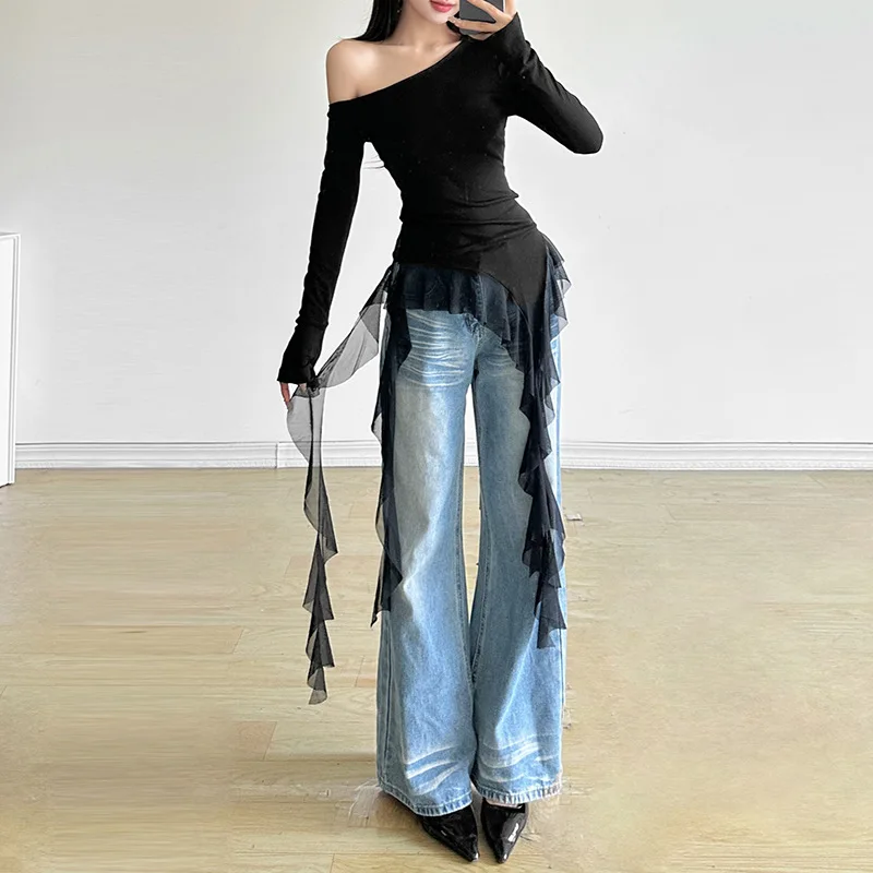 Y2k Aesthetic Irregular Hem Black Long Sleeve Top