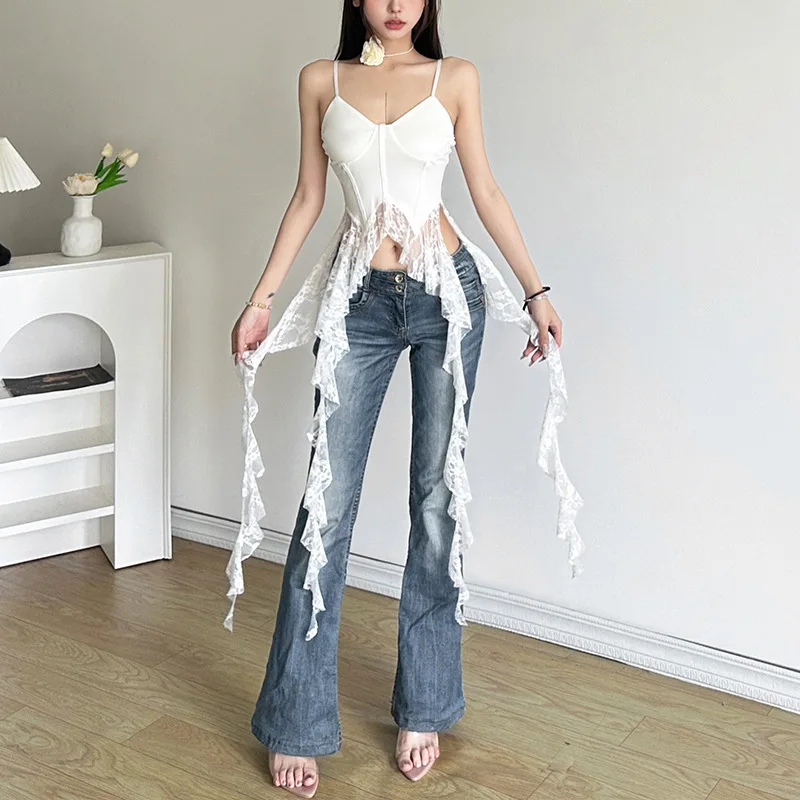 Y2k Aesthetic Irregular Lace Ruffled Tank Top