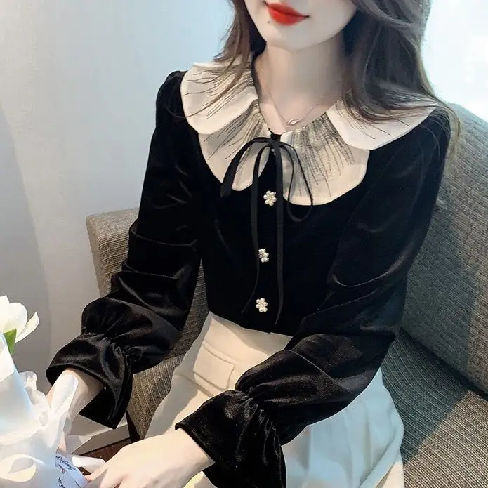 Doll Collar Velvet Long Sleeve Black  Cute Top