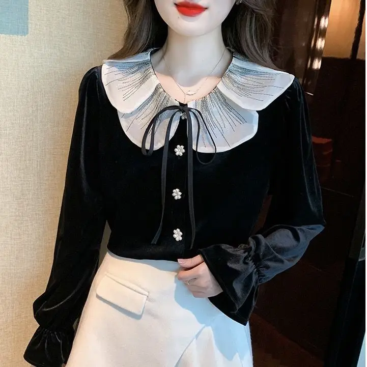Doll Collar Velvet Long Sleeve Black  Cute Top