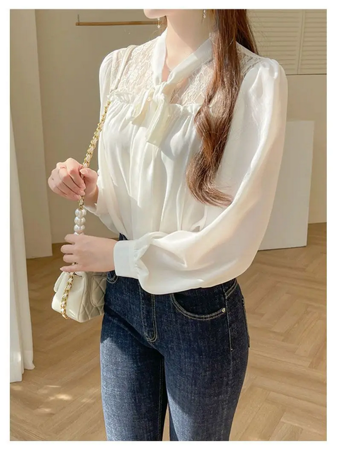 Korean  Butterfly Bow Long Sleeved Chiffon Blouse