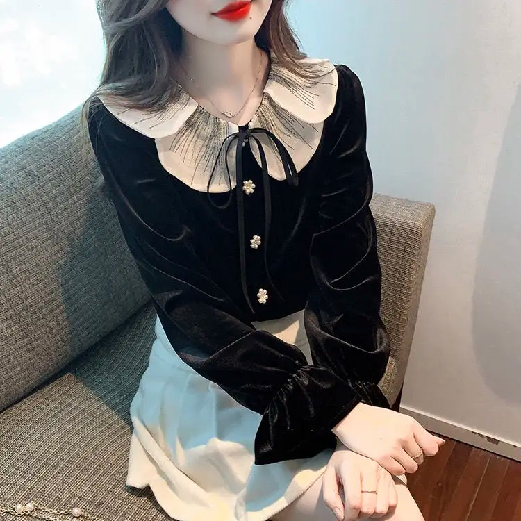 Doll Collar Velvet Long Sleeve Black  Cute Top