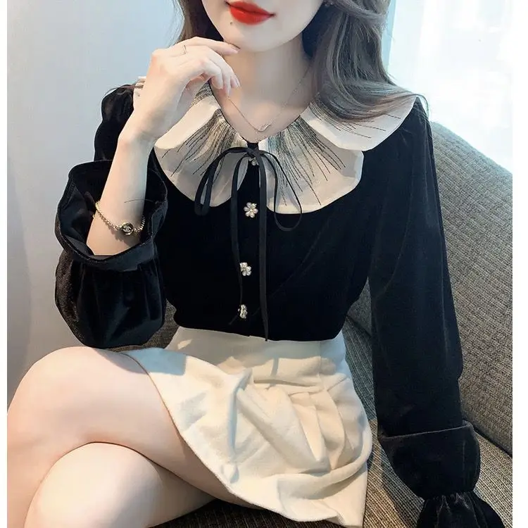 Doll Collar Velvet Long Sleeve Black  Cute Top
