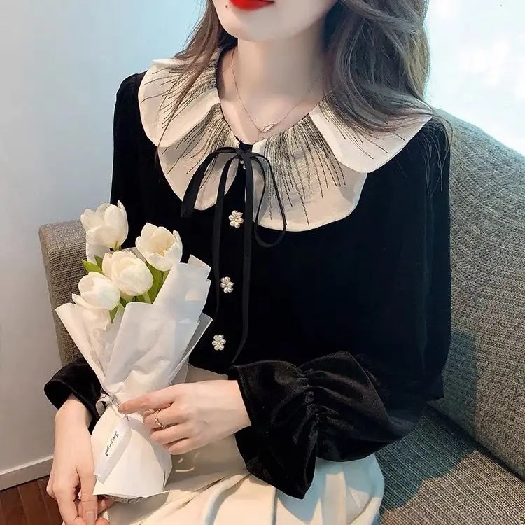 Doll Collar Velvet Long Sleeve Black  Cute Top