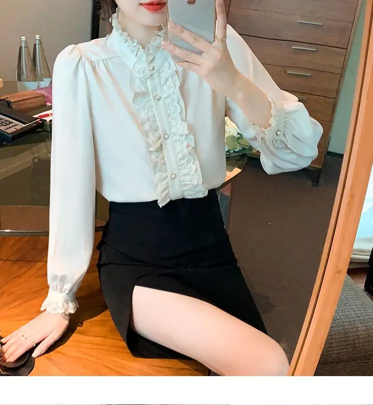 French Style Stand Up Collar Lace Chiffon Top