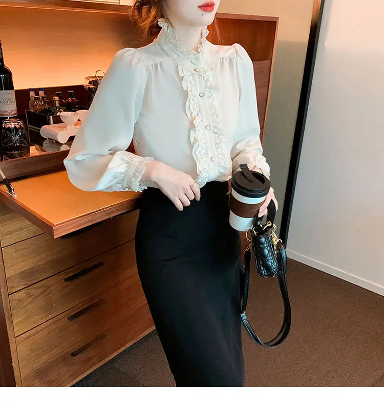 French Style Stand Up Collar Lace Chiffon Top