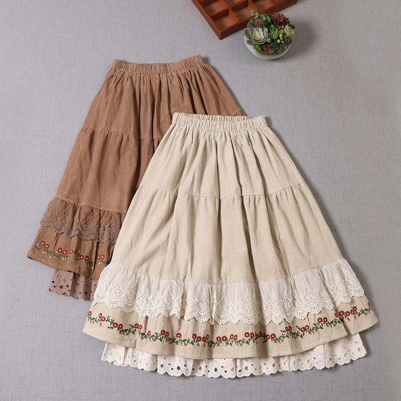 Vintage Boho Lace Floral Embroidery Double Layer Corduroy Skirt