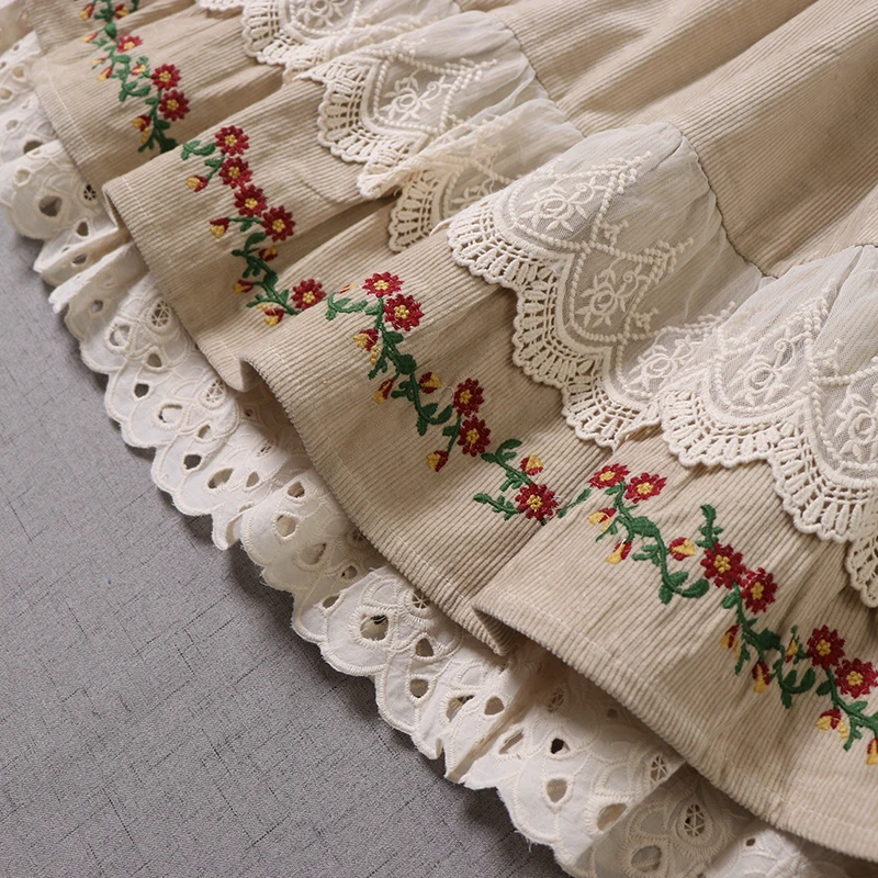 Vintage Boho Lace Floral Embroidery Double Layer Corduroy Skirt