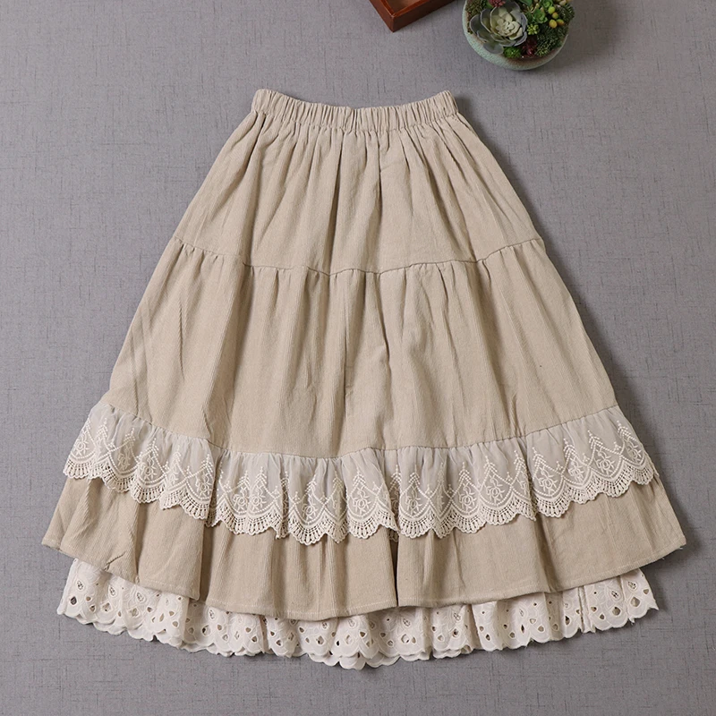 Vintage Boho Lace Floral Embroidery Double Layer Corduroy Skirt