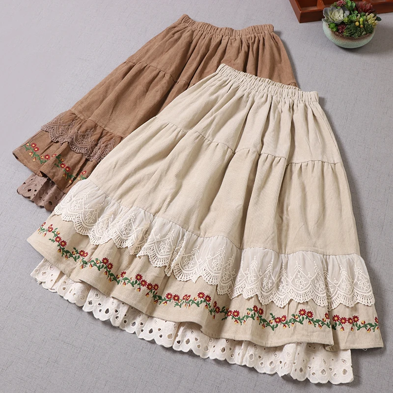 Vintage Boho Lace Floral Embroidery Double Layer Corduroy Skirt