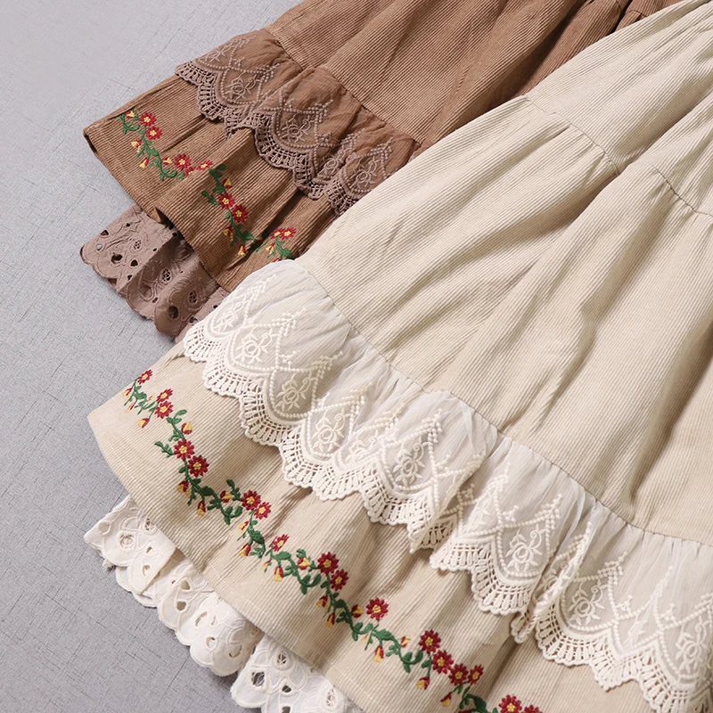 Vintage Boho Lace Floral Embroidery Double Layer Corduroy Skirt