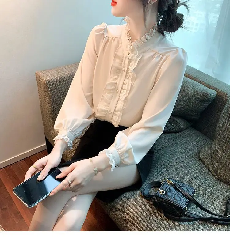 French Style Stand Up Collar Lace Chiffon Top