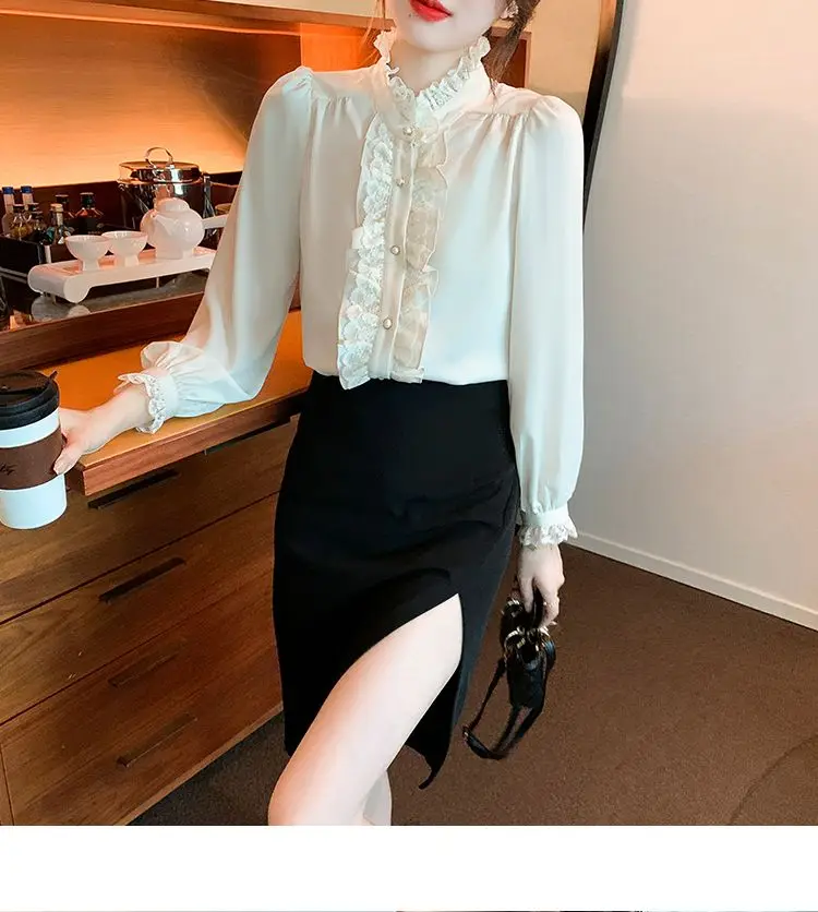 French Style Stand Up Collar Lace Chiffon Top