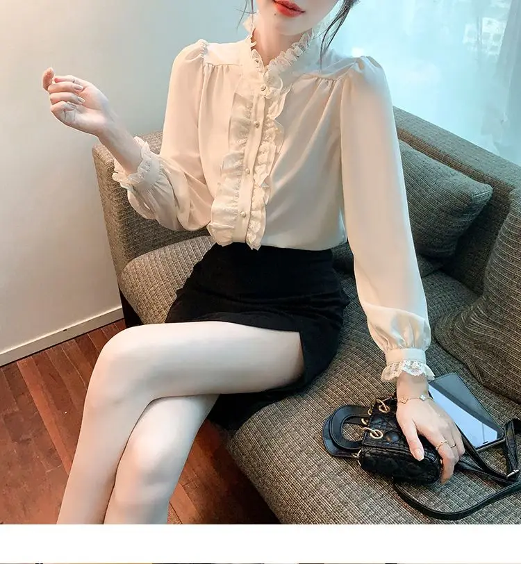 French Style Stand Up Collar Lace Chiffon Top