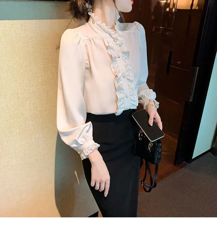 French Style Stand Up Collar Lace Chiffon Top