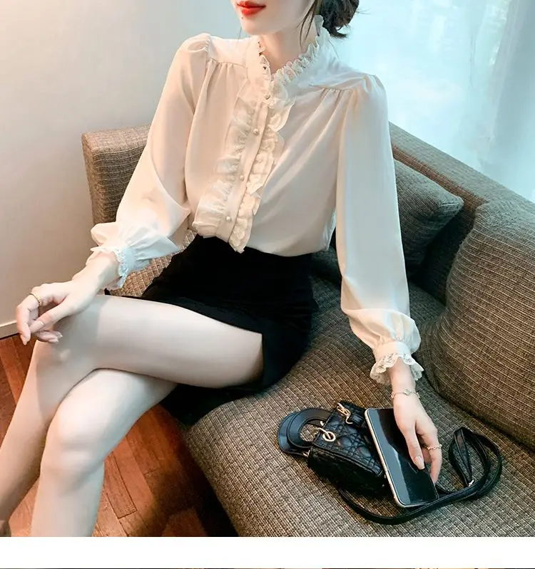French Style Stand Up Collar Lace Chiffon Top