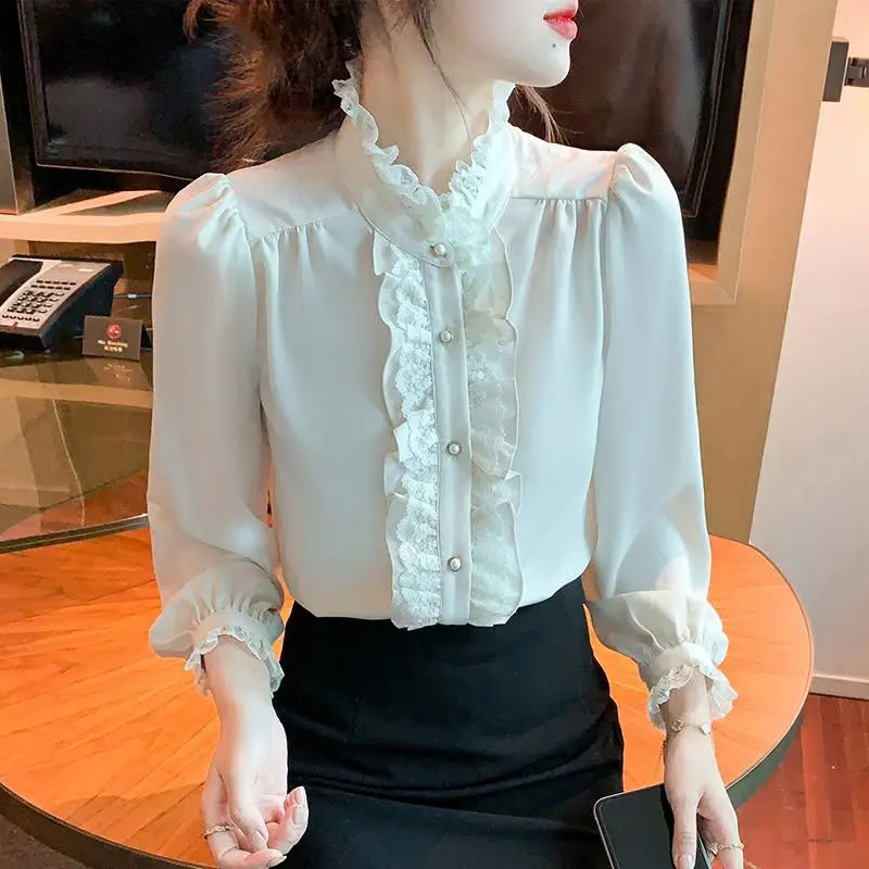 French Style Stand Up Collar Lace Chiffon Top