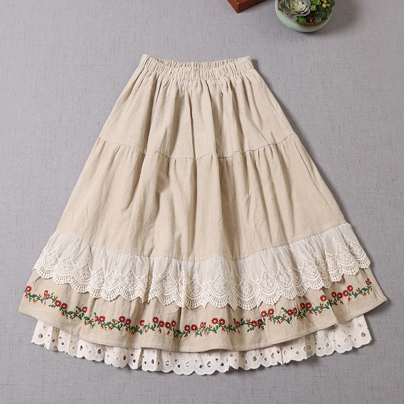 Vintage Boho Lace Floral Embroidery Double Layer Corduroy Skirt