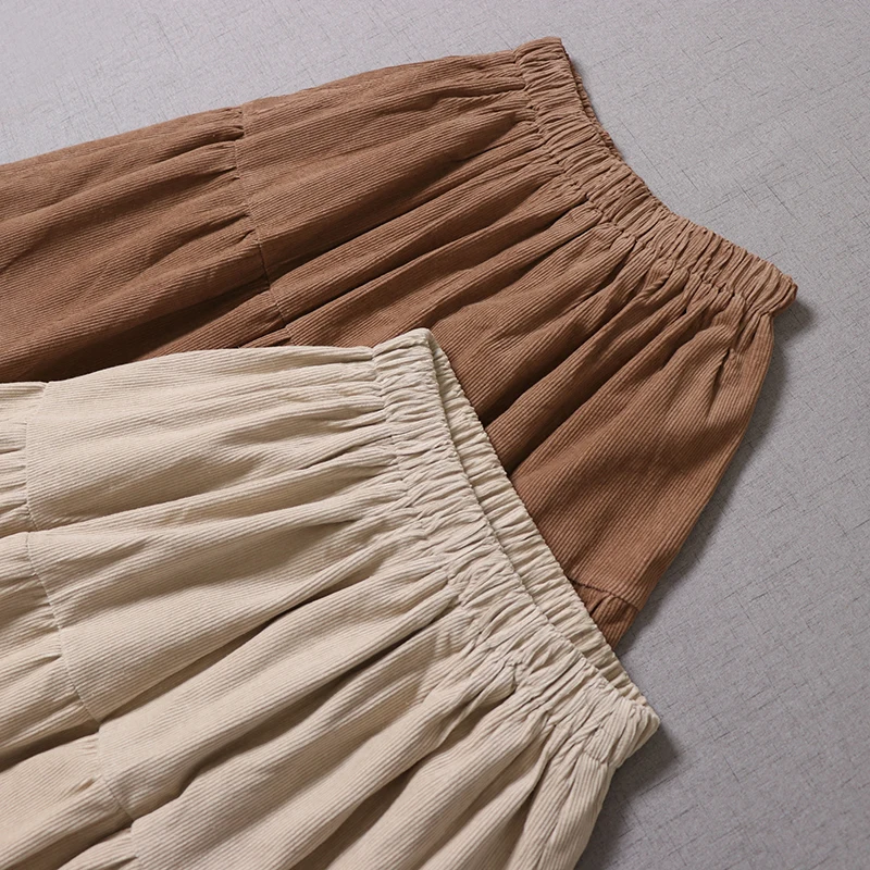 Vintage Boho Lace Floral Embroidery Double Layer Corduroy Skirt