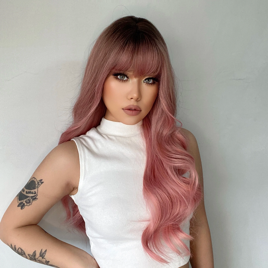 Pink Ombre Wavy Synthetic Wig for Women Cosplay Lolita