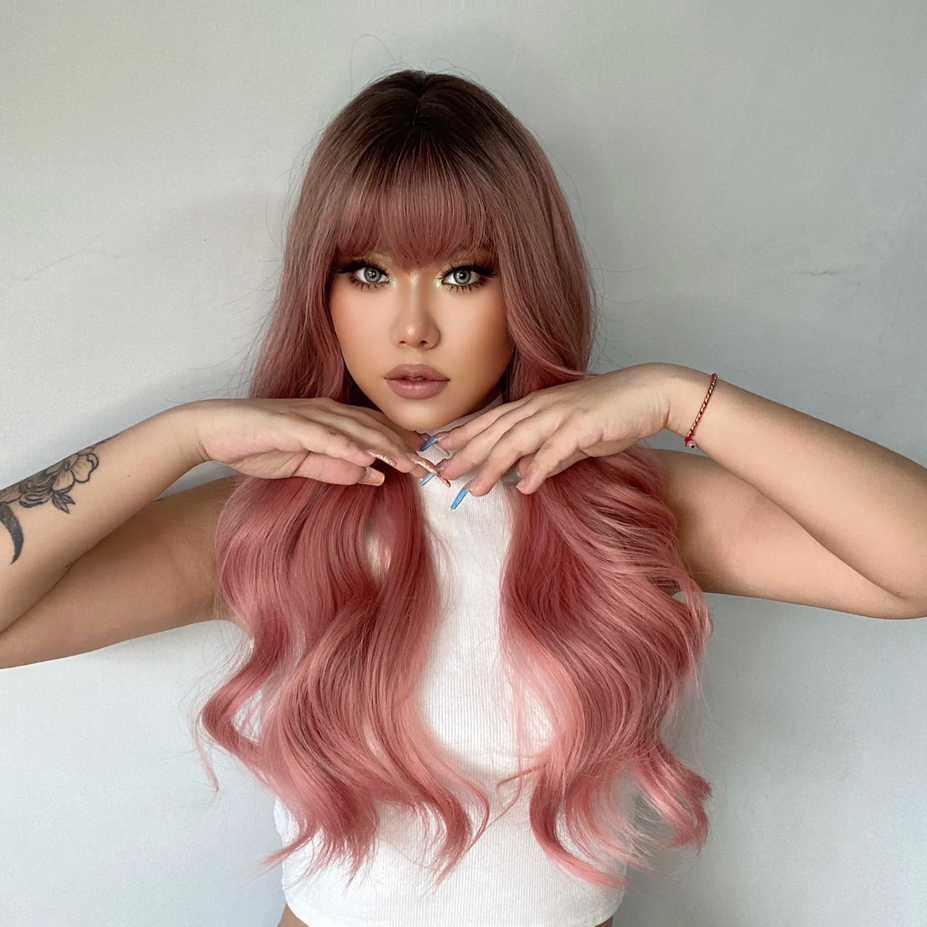 Pink Ombre Wavy Synthetic Wig for Women Cosplay Lolita