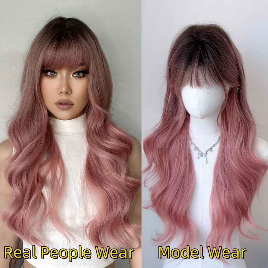 Pink Ombre Wavy Synthetic Wig for Women Cosplay Lolita