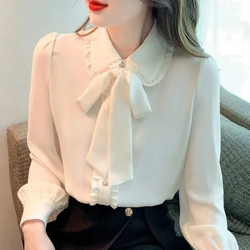 Doll Collar Long Sleeve Solid Color Blouse