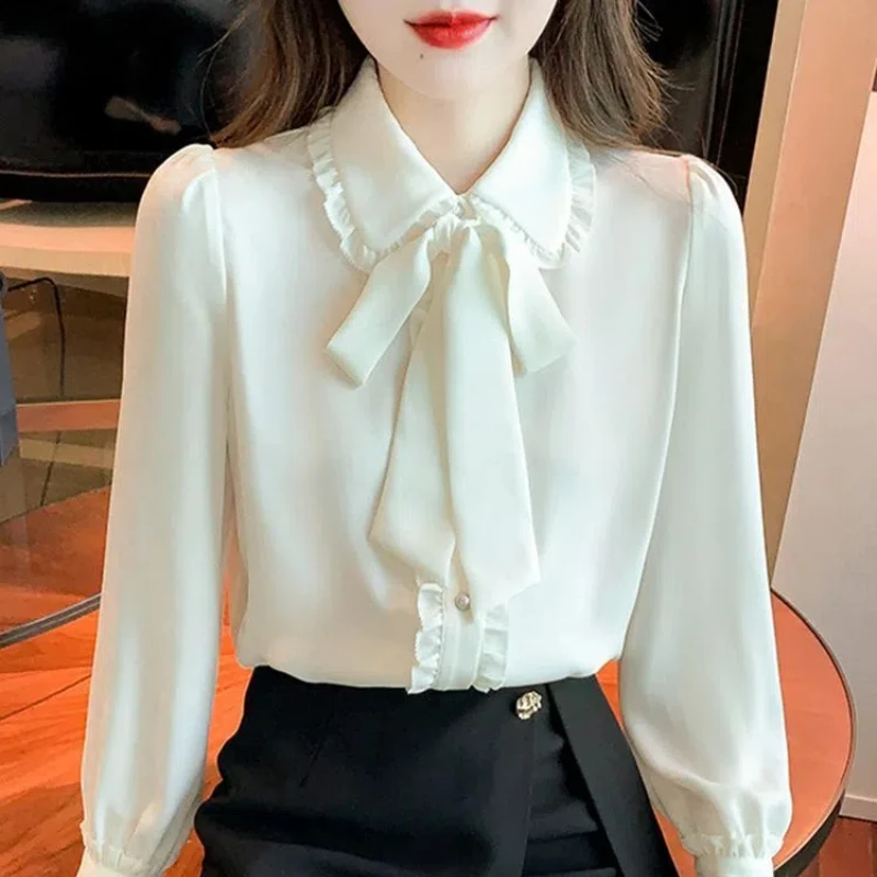 Doll Collar Long Sleeve Solid Color Blouse