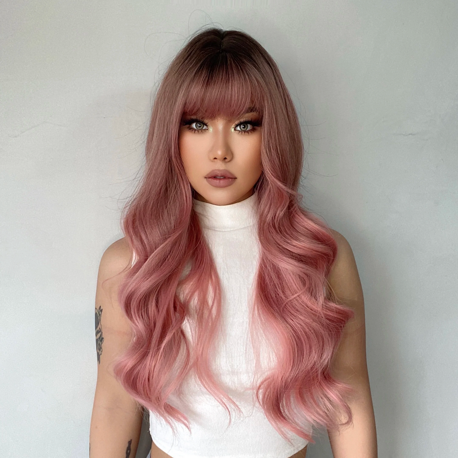 Pink Ombre Wavy Synthetic Wig for Women Cosplay Lolita
