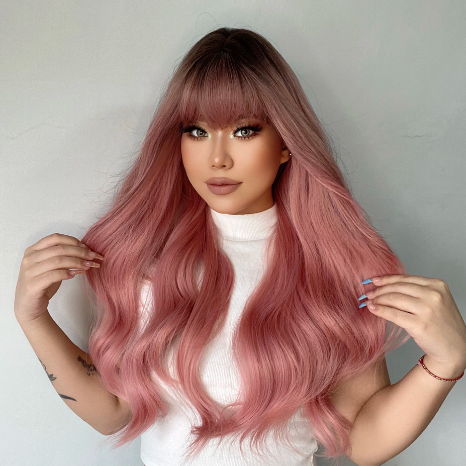 Pink Ombre Wavy Synthetic Wig for Women Cosplay Lolita