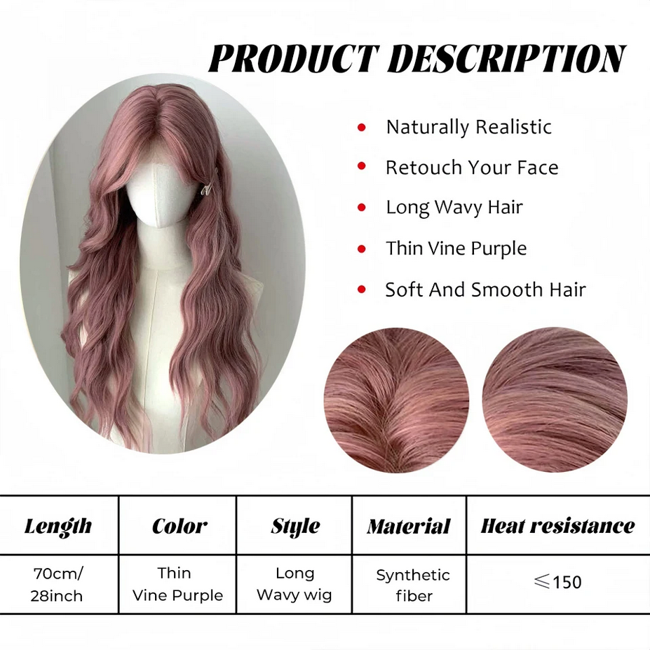 Pink Purple  Long  Wave Wig with Bangs