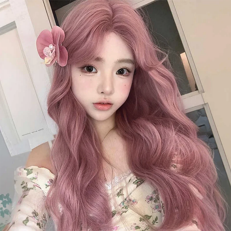 Pink Purple  Long  Wave Wig with Bangs