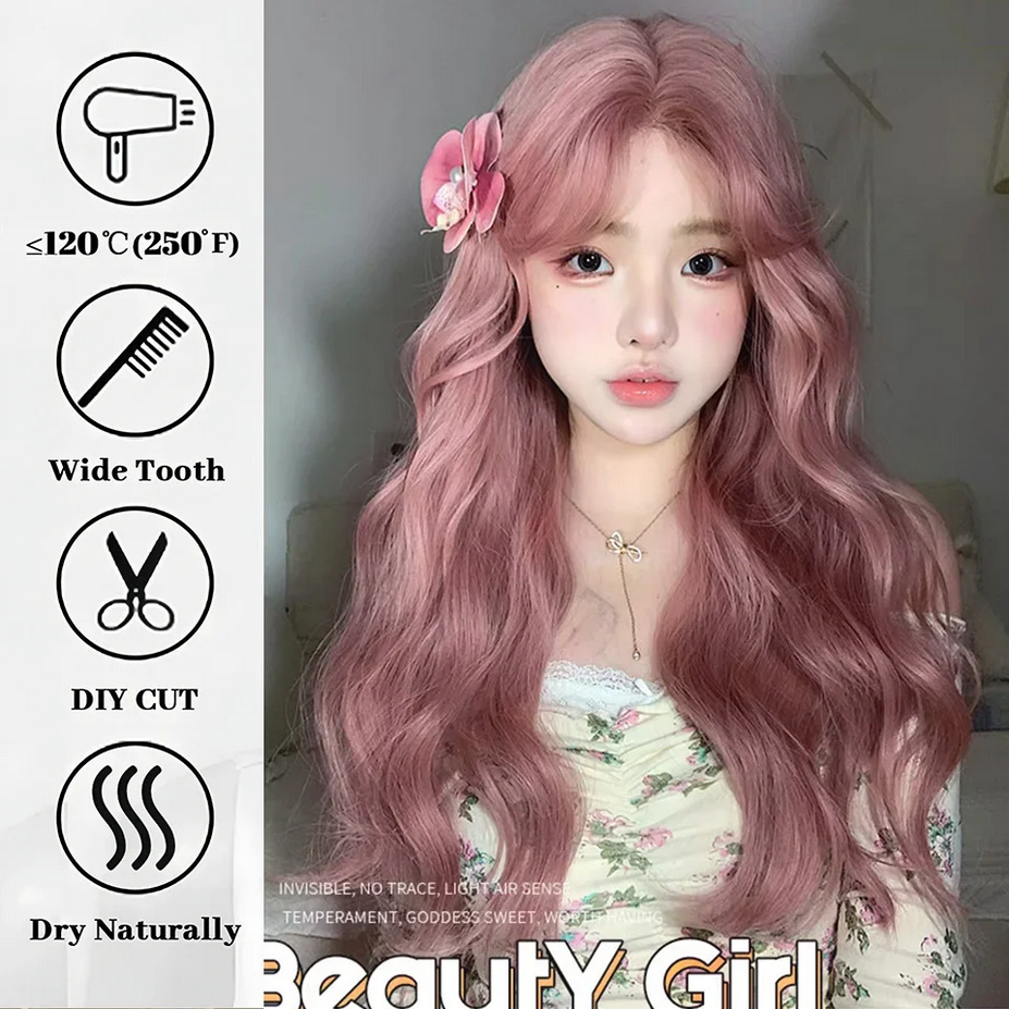 Pink Purple  Long  Wave Wig with Bangs