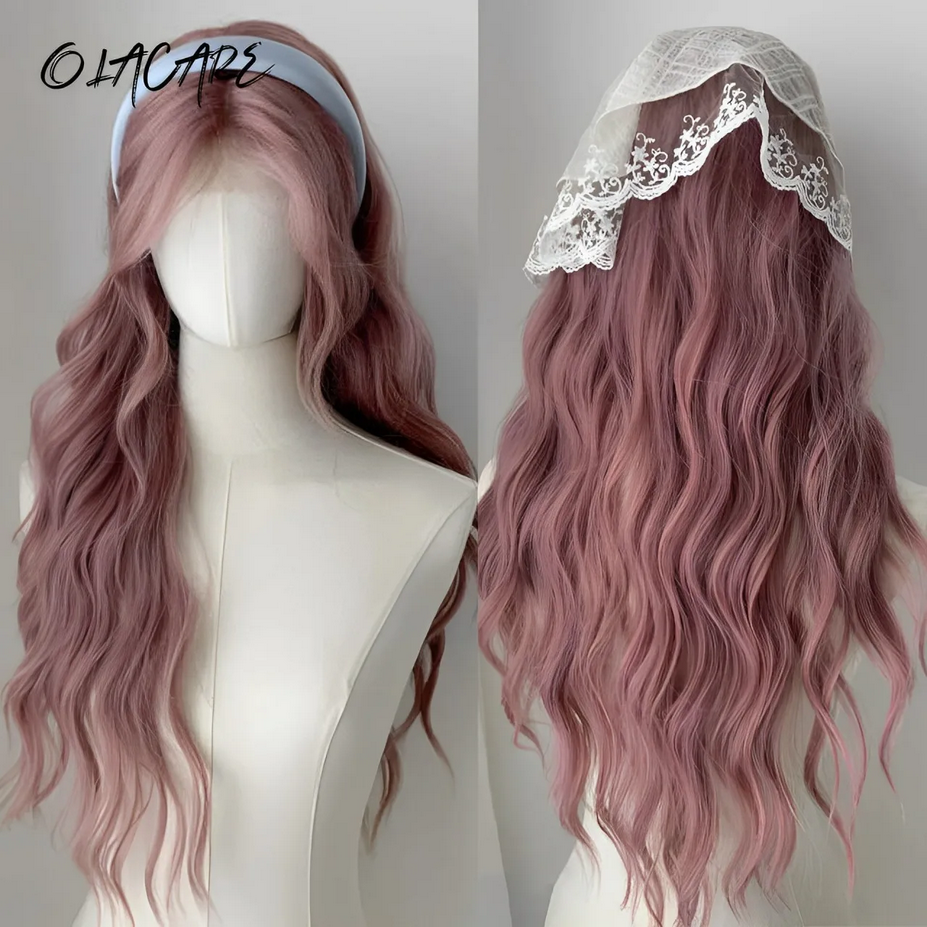 Pink Purple  Long  Wave Wig with Bangs