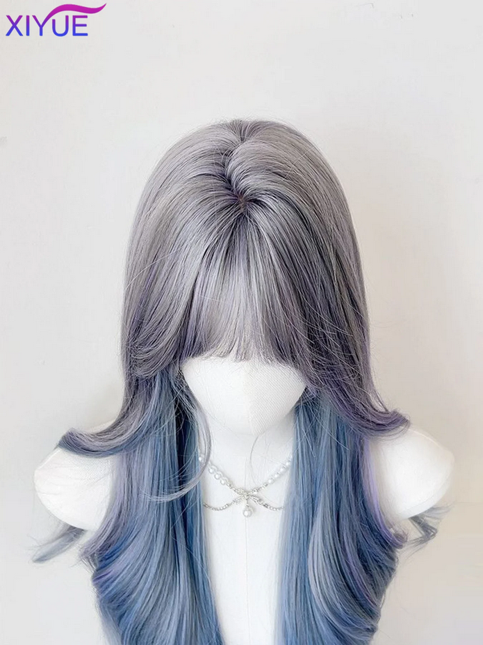 Blue with Grey Highlight Long Straight Synthetic Wigs with Bangs