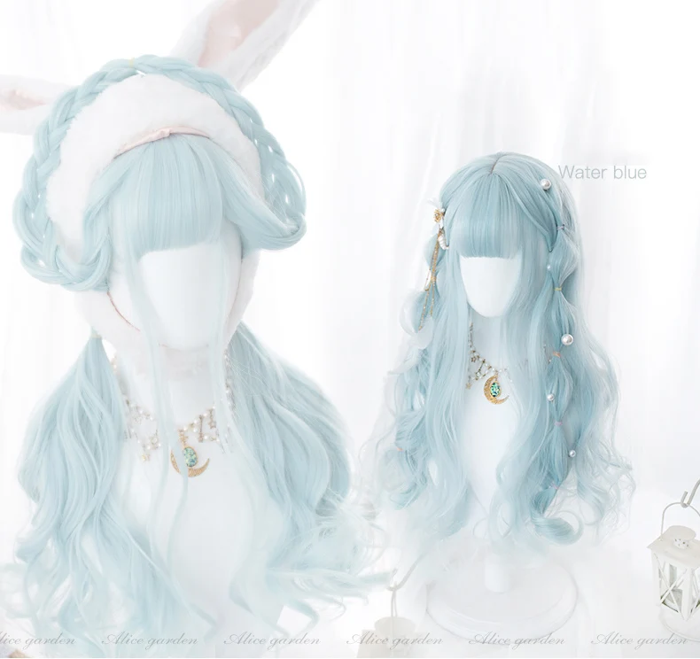 Kawaii Sea Blue gradient girl bangs Lolita Cosplay wig