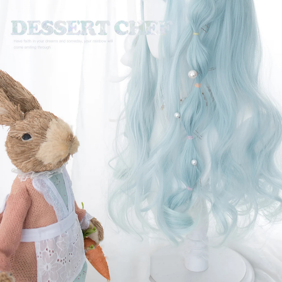 Kawaii Sea Blue gradient girl bangs Lolita Cosplay wig