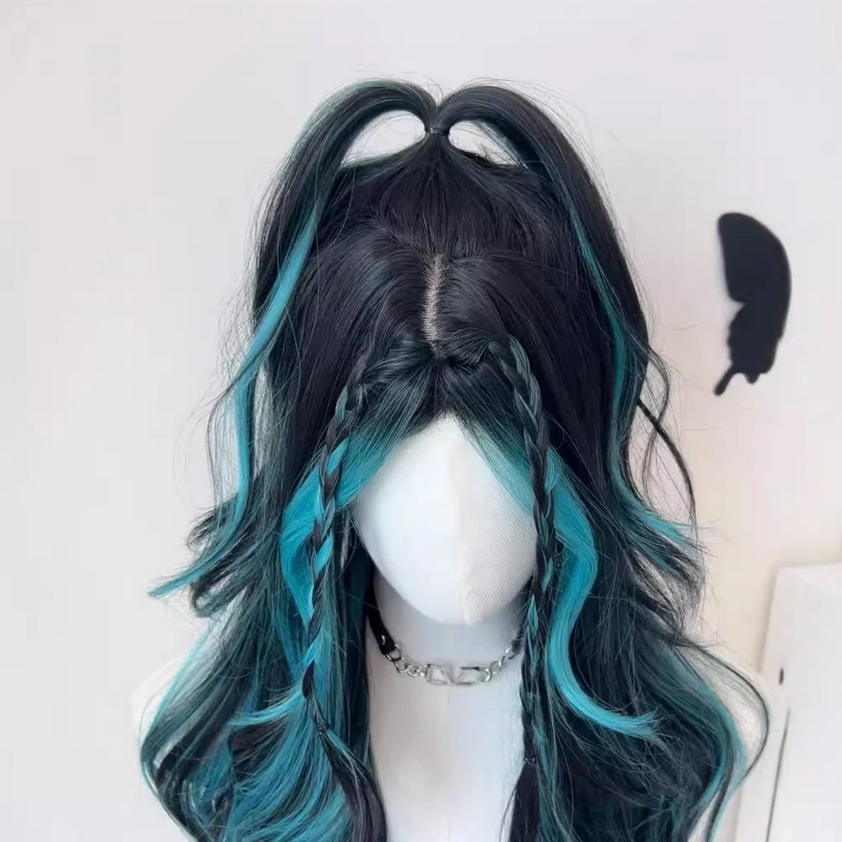Black Blue Highlights Long Wavy Lolita Wig