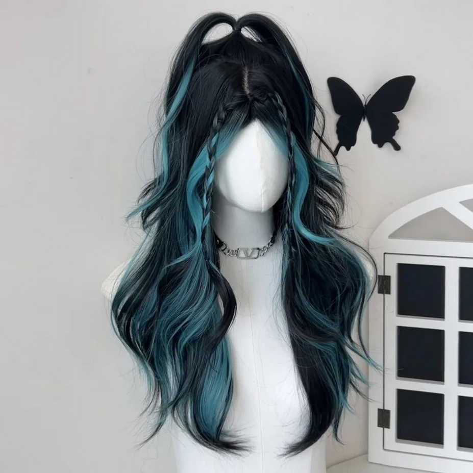 Black Blue Highlights Long Wavy Lolita Wig
