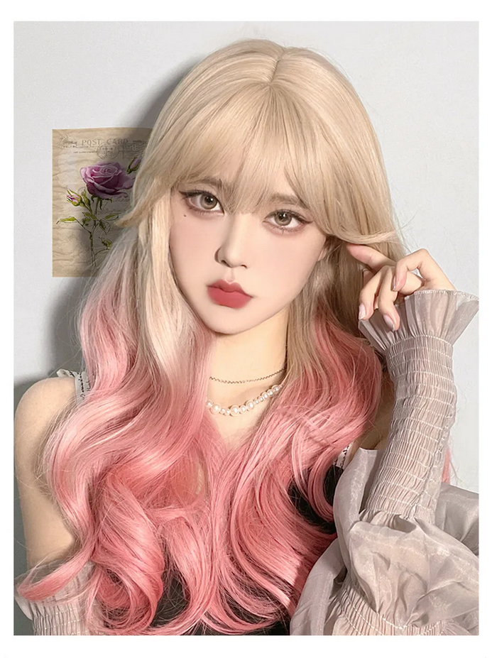 Natural Wavy Platinum Blonde Pink Wigs