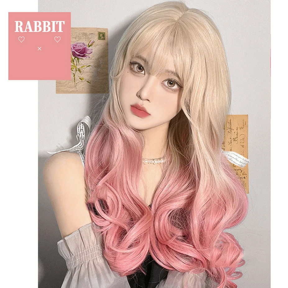 Natural Wavy Platinum Blonde Pink Wigs