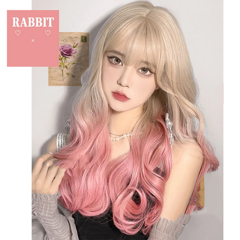 Natural Wavy Platinum Blonde Pink Wigs