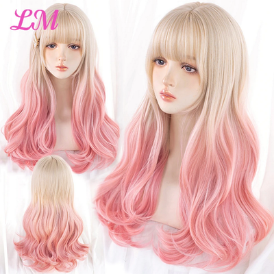 Natural Wavy Platinum Blonde Pink Wigs