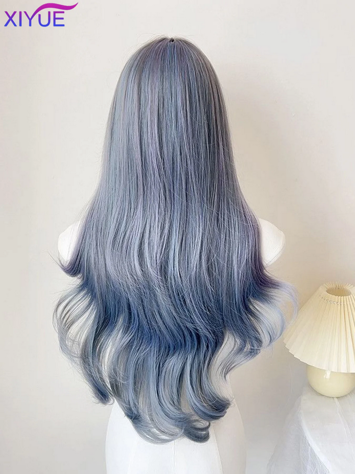 Blue with Grey Highlight Long Straight Synthetic Wigs with Bangs