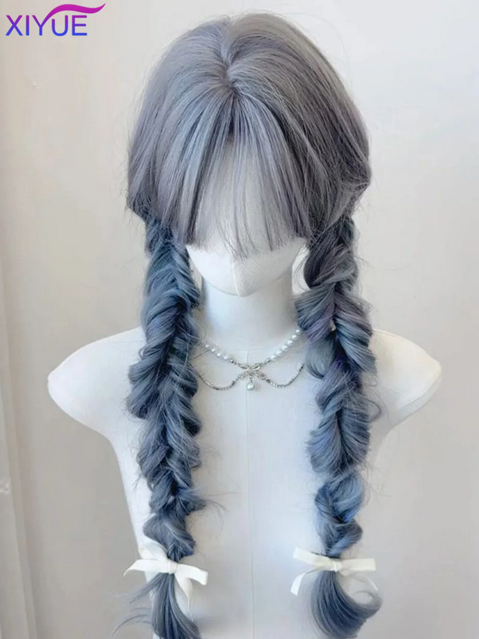 Blue with Grey Highlight Long Straight Synthetic Wigs with Bangs