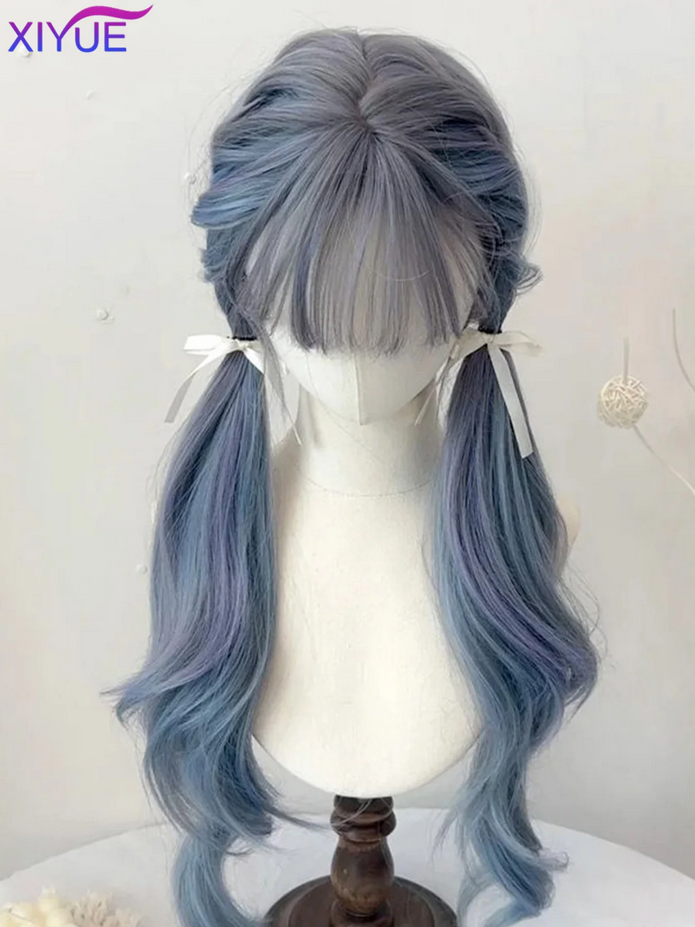 Blue with Grey Highlight Long Straight Synthetic Wigs with Bangs